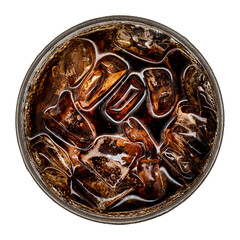 refreshing cola with ice cubes in a glass isolated on white background with clipping path, top view