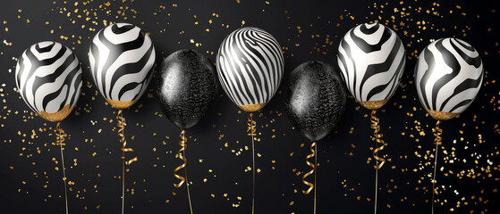 Celebrations black background with glossy, helium balloons, golden confetti decoration. Zebra texture, stripes pattern, polka dot. Holidays mockup. Birthday greeting card. Generative ai