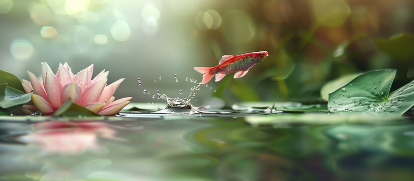 Pink water lily and a fish jumping from pond, Pink lotus flower with leaves and a koy fish