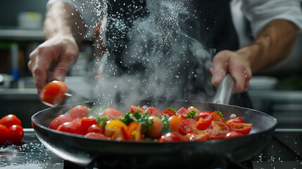 Cooking fresh vegetables, The chef adds salt to a steaming hot pan, Grande cuisine idea for a hotel with advertising space, hyperrealistic food photography