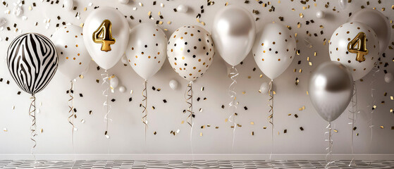 Celebrations background with glossy, helium balloons, number four, 4, golden confetti decoration. Holidays mockup. Birthday greeting card. Generative ai
