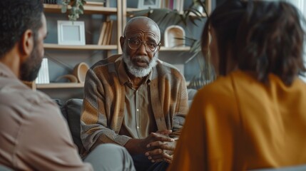 Fototapeta premium An elder man counseling a young couple, trying to mediate a peaceful discussion