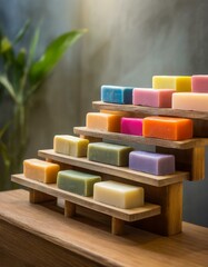 A spa environment with many vibrantly coloured soap bars neatly arranged on wooden shelves