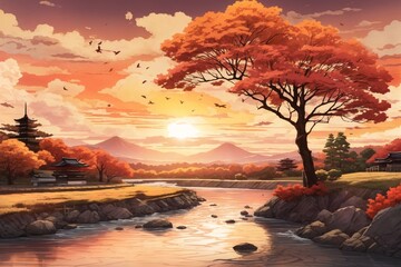 Sunset Scene with a River and Autumn Trees, Autumn Trees and River Wallpaper, Sunset scene with river and Autumn, Autumn Nature Landscape, Autumn Sunrise lake wallpaper, AI Generative