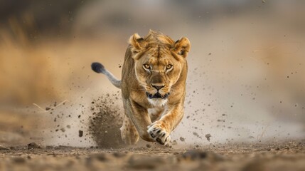 A lion running at the african savanna.