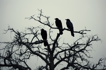 Crows perched on spooky tree branches.