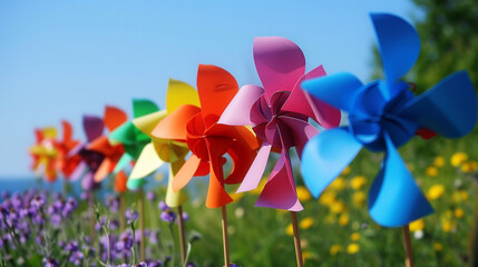A row of colorful pinwheels spinning in the breeze, pure joy in motion.
