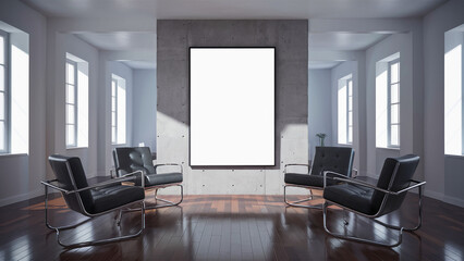 A stylish living room with modern furniture, a blank poster on a concrete wall, the background.