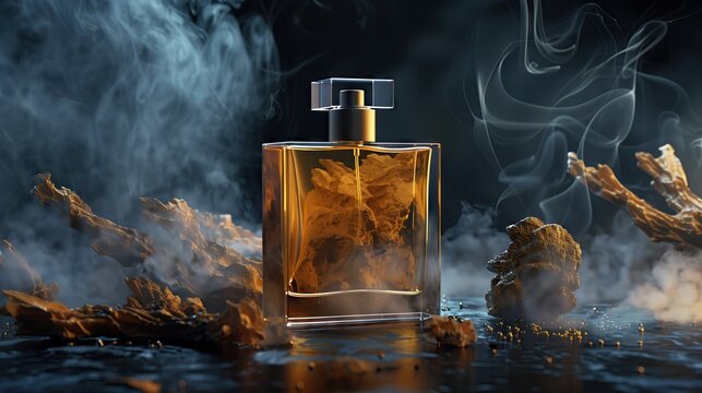Perfume with golden shell in the background, smoke surrounding it, black background,take product photos and advertisements