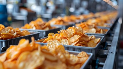 Conveyor Belt Crisp Symphony - Industrial Snack Harmony. Concept Industrial Design, Snack Creation, Food Processing, Product Assembly, Automation Technology - obrazy, fototapety, plakaty