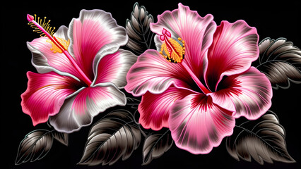 Fototapeta premium Shining Pink Hibiscus on Black Background, Intricate Embroidery of Vibrant Hibiscus, Heart-pounding Contrast: Black Background's Stunning Pink Hibiscus Embroidery Art(Generative AI)