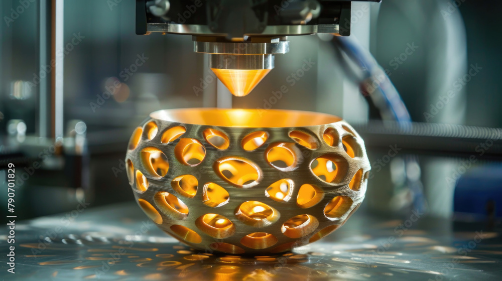 Aufkleber a metal object is shown in the foreground with a large machine in the background inside a manufactur