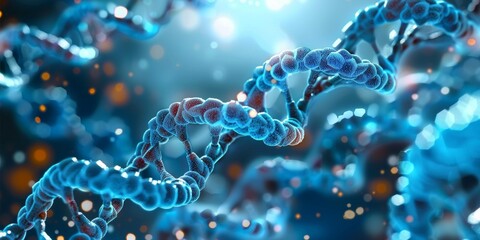 Close-up, DNA double helix with a deep blue hue, showcasing molecular structure and genetic concept.