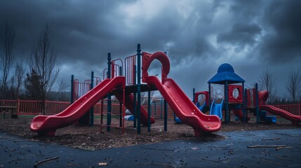 An empty playground with a stormy sky overhead, symbolizing childhood affected by domestic issues