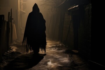 Grim reaper standing in a misty alley. - obrazy, fototapety, plakaty