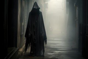 Grim reaper standing in a misty alley. - obrazy, fototapety, plakaty