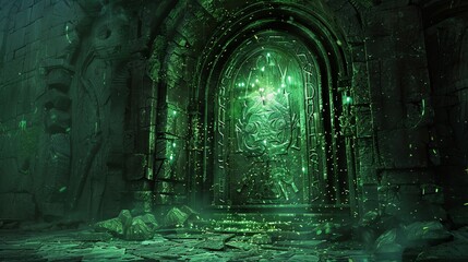 Close-up on ancient, rune-covered door in a wizard's fortress, with glowing magical wards and eerie silence, inviting daring escapades