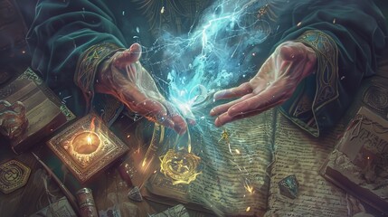 Close-up of a wizard's hands casting a complex spell, magical energy crackling, surrounded by ancient artifacts and scrolls, intricate details showcasing mastery over arcane arts, D&D map inspiration
