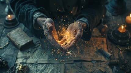 Close-up of a wizard's hands casting a complex spell, magical energy crackling, surrounded by ancient artifacts and scrolls, intricate details showcasing mastery over arcane arts, D&D map inspiration