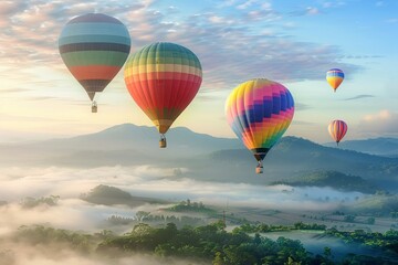 Colorful hot air balloons floating over a picturesque landscape.