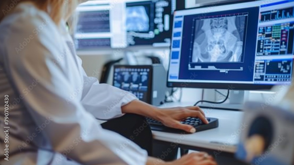 Poster a woman is sitting at a desk with a computer monitor in front of her