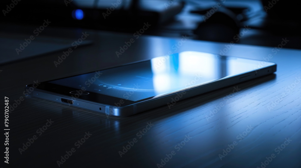 Poster detailed view of a modern cell phone placed on a table, showing the screen and buttons