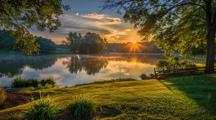 The sun is setting over a lake in a park, casting a golden glow on the water and surrounding trees