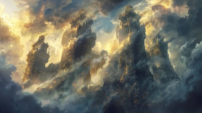 A fortress's mystical guardians in the form of towering elemental constructs amidst stormy skies, designed for high-stakes RPG adventures.