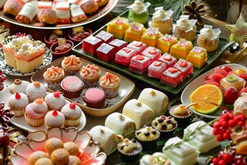 Decorative sweets and desserts prepared for sharing during New Year festivities.