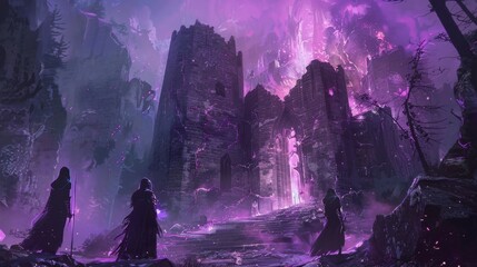 Animated armor and ethereal spellcasters guarding a stone fortress, surrounded by dark forests, for a D&D map concept. - obrazy, fototapety, plakaty
