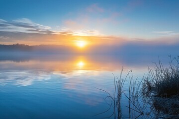 Dense fog rolling over a tranquil lake at sunrise. - obrazy, fototapety, plakaty