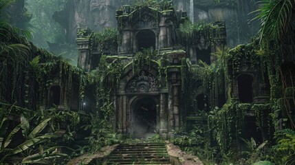 Ancient fortress hidden in a thick jungle, ruins covered in vines and moss, hinting at forgotten secrets and lost civilizations for adventure games.