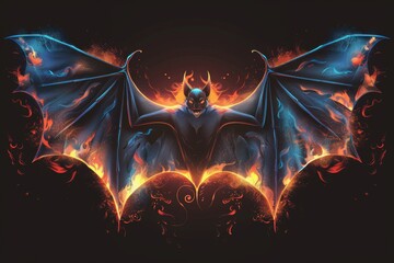 A dark background with a blue and red fire bat. A magical creature made of fire.