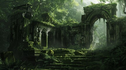 Ancient fortress hidden in a thick jungle, ruins covered in vines and moss, hinting at forgotten secrets and lost civilizations for adventure games. - obrazy, fototapety, plakaty