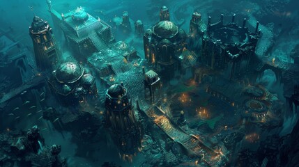Aerial view of a mysterious underwater city, submerged domes glinting with hidden treasures, surrounded by dark waters teeming with mythical sea creatures. Ideal for an epic D&D map.