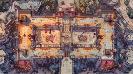 Adventurous RPG scenario in a fortress with arcane traps, featuring teleportation and gravity anomalies, drawn in a classic D&D map style