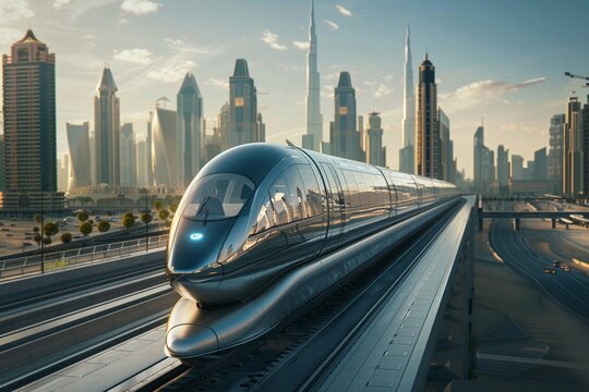 High-speed transportation concept with hyperloop and maglev trains.