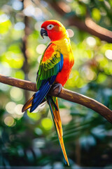A vibrant parrot with colorful plumage perches on a tree branch, showcasing its bright feathers against the green foliage