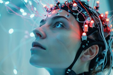 Person using brain-computer interface (BCI) technology for controlling devices.