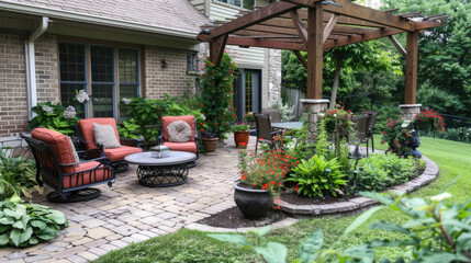 A patio featuring chairs, a table, and a gazebo set up outdoors for relaxation and dining