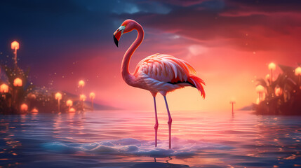 Fototapeta premium A beautiful pink flamingo standing in the water