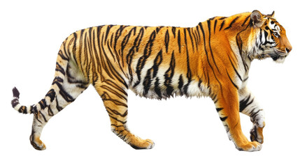A tiger is walking gracefully across a plain white background, showcasing its majestic strength and agility