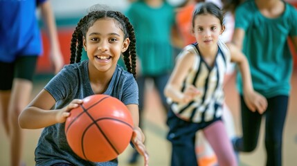 Group happy elementary student team plays basketball together. AI generated image