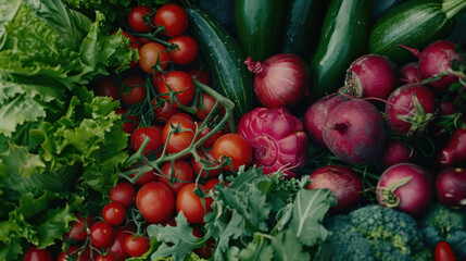 Various types of fresh fruits and vegetables are arranged in a colorful and vibrant display