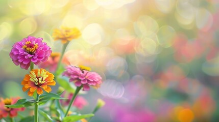Colorful zinnia flowers background with bokeh effect