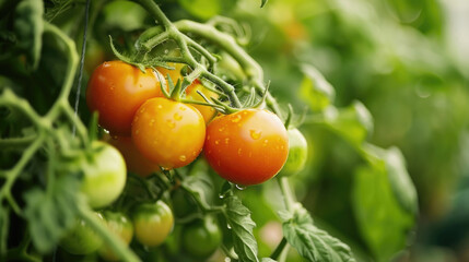 Lush tomatoes grow on a vine inside a greenhouse, thriving in the controlled environment. Sunlight filters through, aiding in the growth process