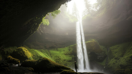 A person in dark clothing stands on rocks in front of a cascading waterfall, amidst lush greenery