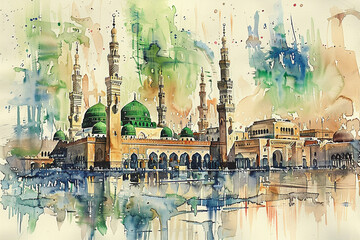 Watercolor hand draw The Prophets Mosque (Masjid an-Nabawi) in Medina Saudi Arabia