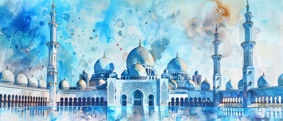 Watercolor hand draw The Sheikh Zayed Grand Mosque in Abu Dhabi UAE
