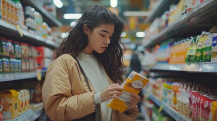Closeup young woman reading food label of diary product in grocery store. AI generated